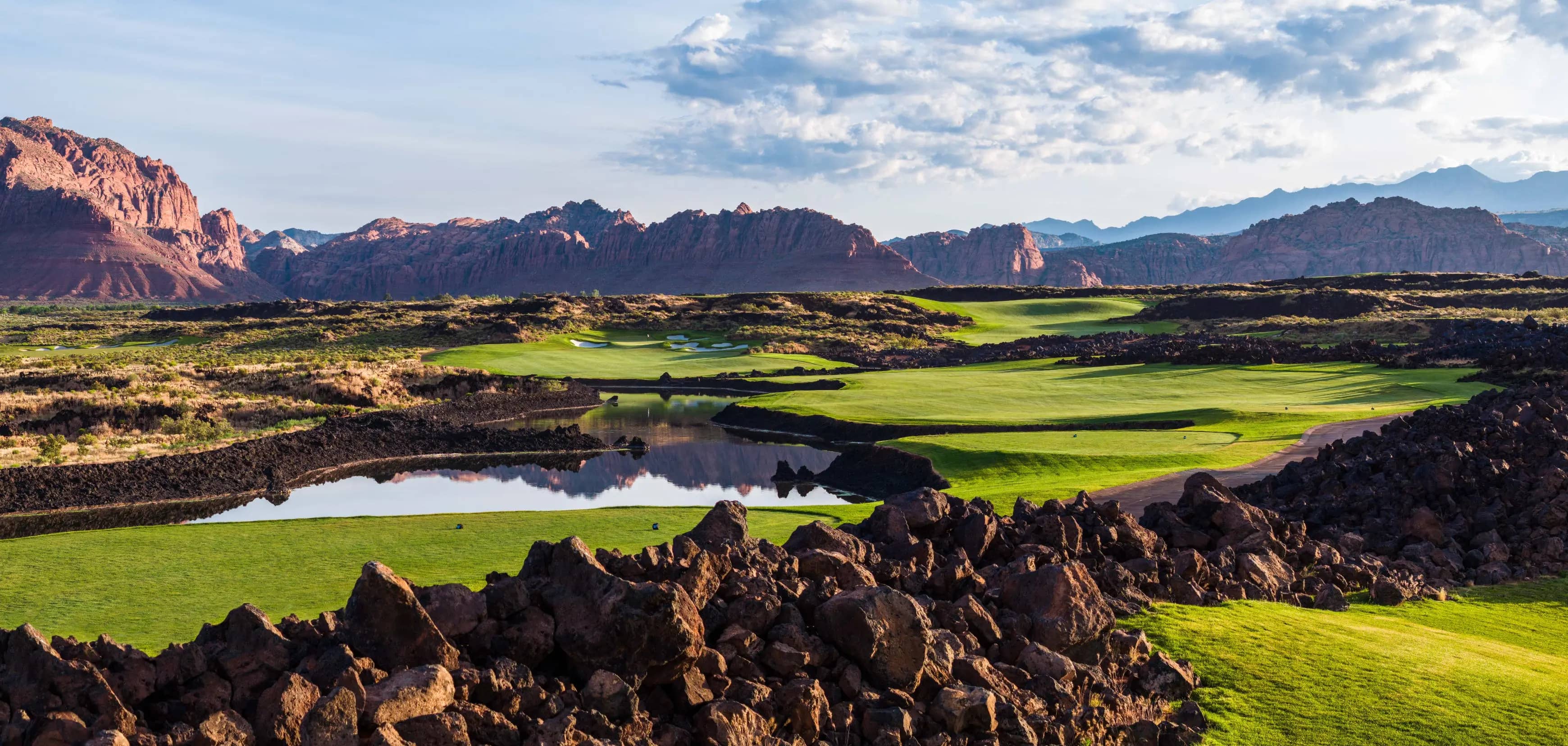 Sunlit fairways and lava rock views at Black Desert Resort